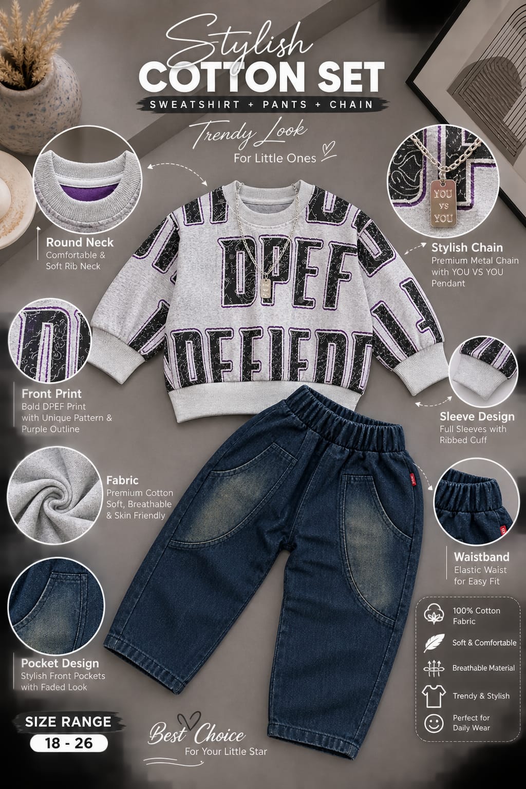 Boys Grey Printed Sweatshirt with Dark Blue Denim Jogger Set | 2-Piece Set | Sizes 18-26