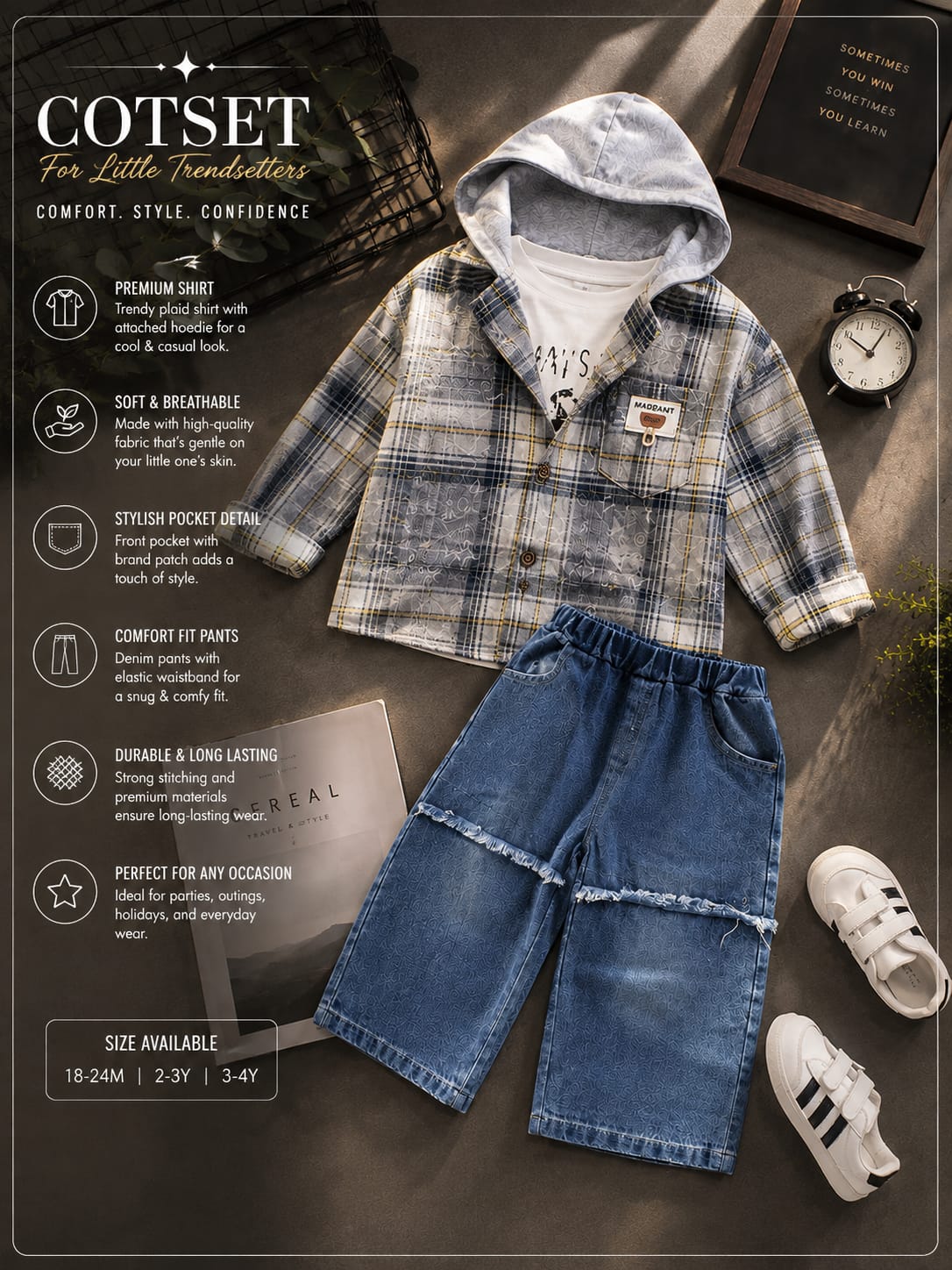 Boys 3-Piece Checkered Jacket Set | Hooded Shirt Jacket, T-Shirt & Wide-Leg Denim | Sizes 18-26
