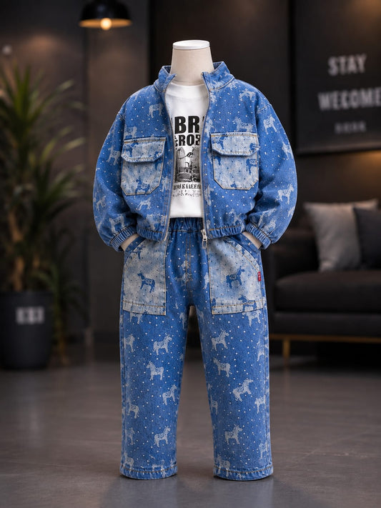 Boys 3-Piece Denim Jacket & Printed Jeans Set | T-Shirt, Denim Jacket & Pants | Sizes 18-26