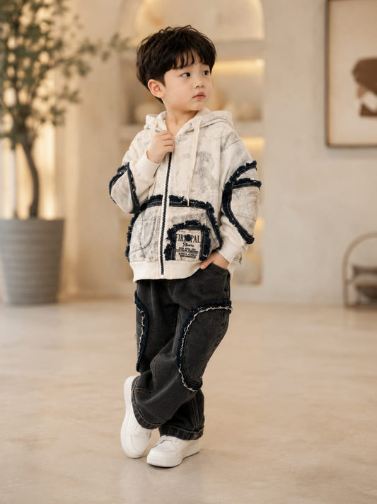 Boys Premium White Denim Hoodie Jacket | Stylish Casual Kidswear | Sizes 18-26