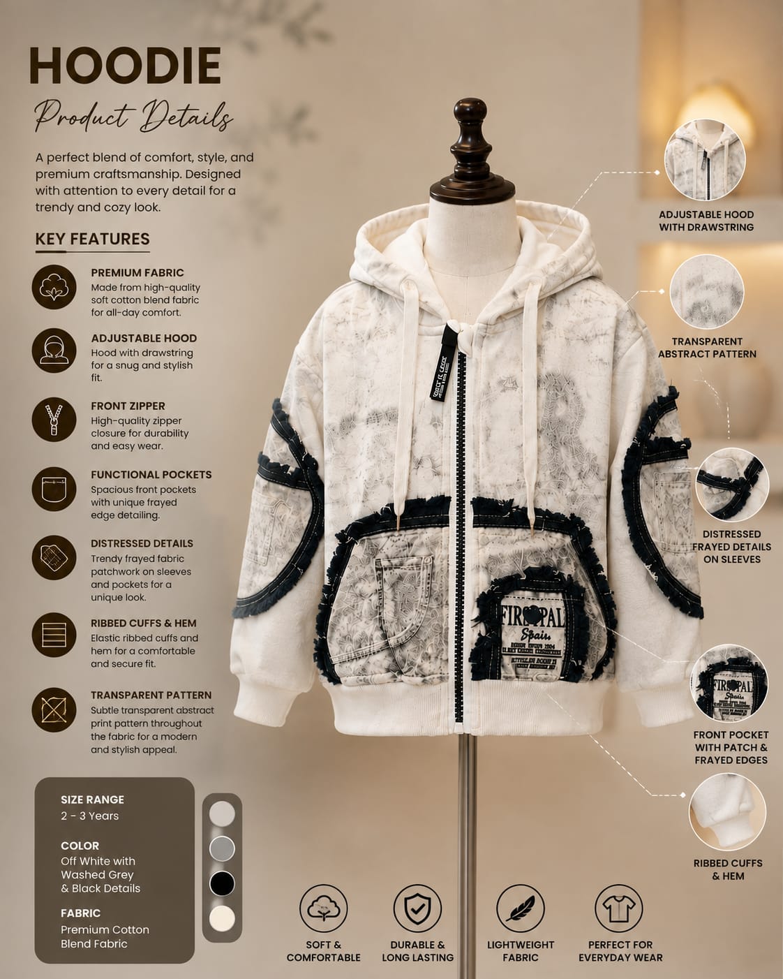 Boys Premium White Denim Hoodie Jacket | Stylish Casual Kidswear | Sizes 18-26