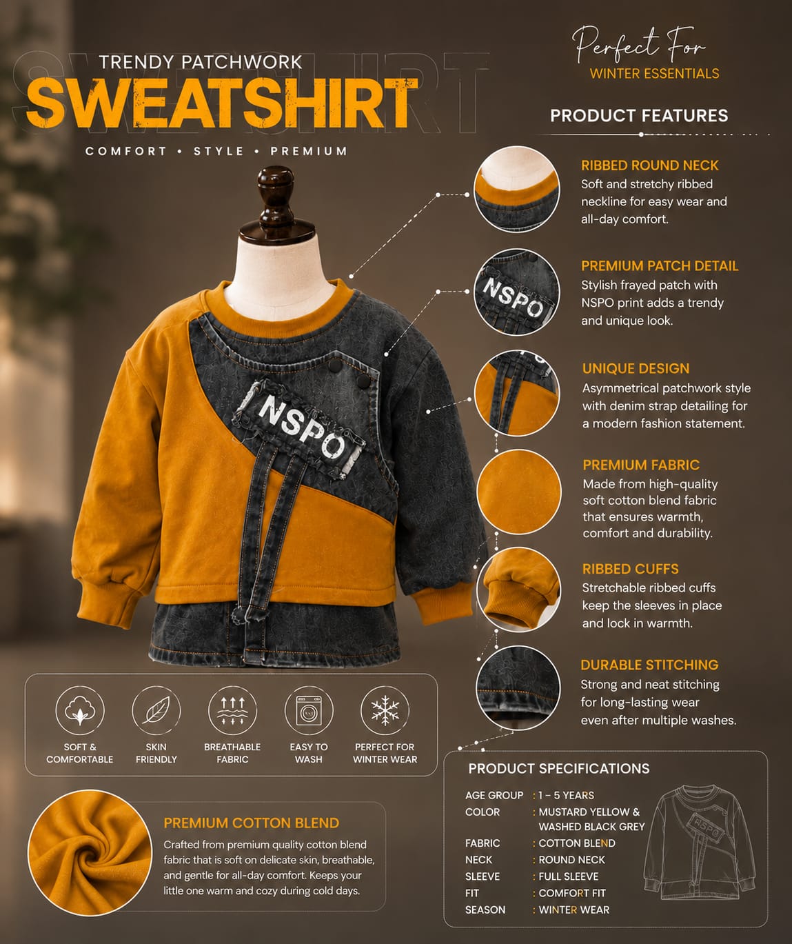 Boys Premium Denim Style Sweatshirt | Mustard & Black Trendy Kidswear | Sizes 18-26