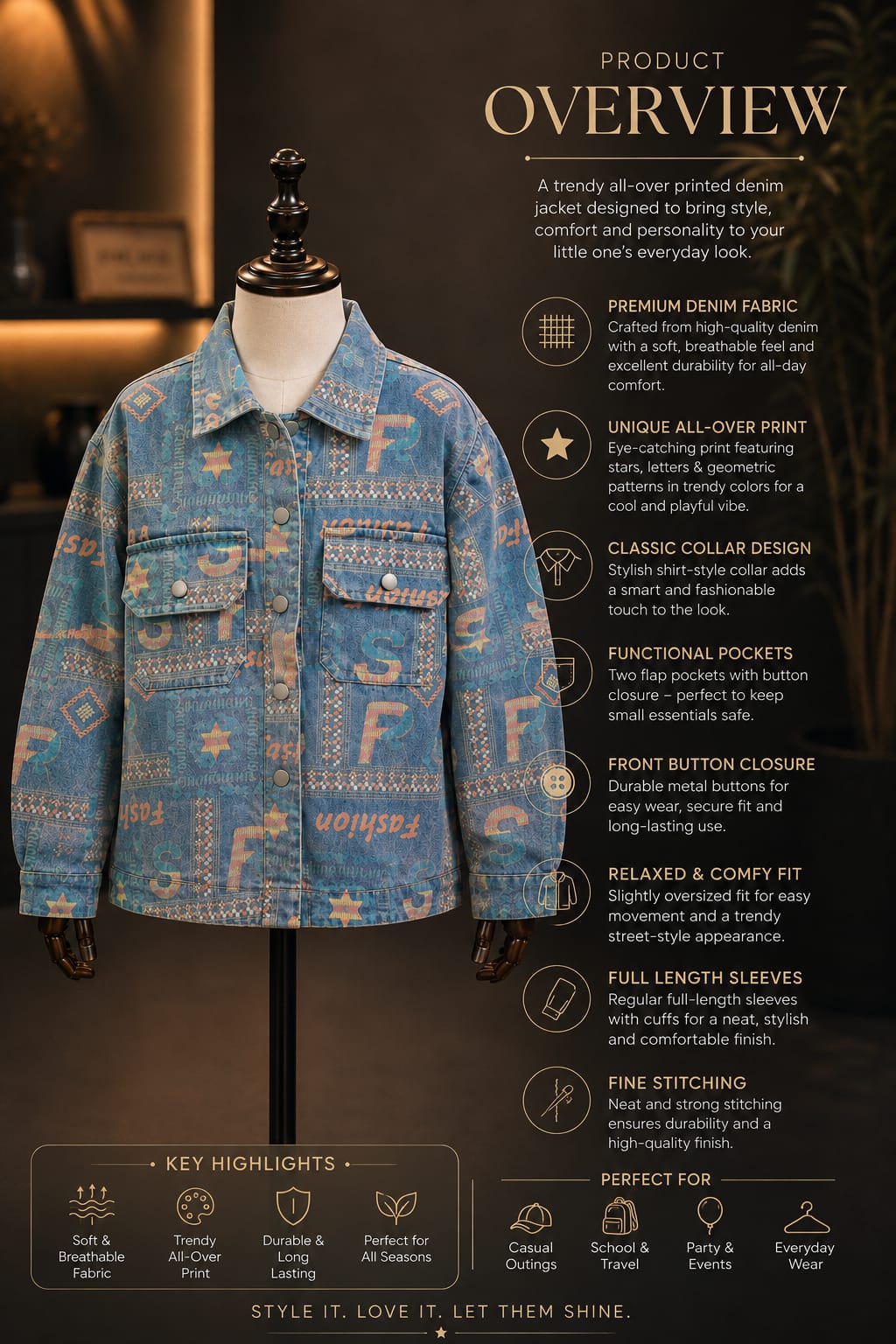 Boys Premium Printed Denim Jacket – Blue Full Sleeve Multi-Pocket Jacket