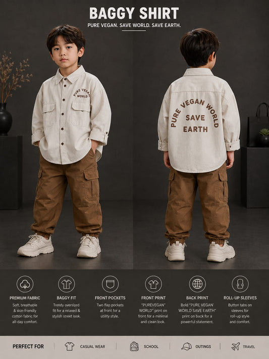 Kids Premium Cream Oversized Shirt | Pure Vegan World Graphic Shirt | 6–12 Years