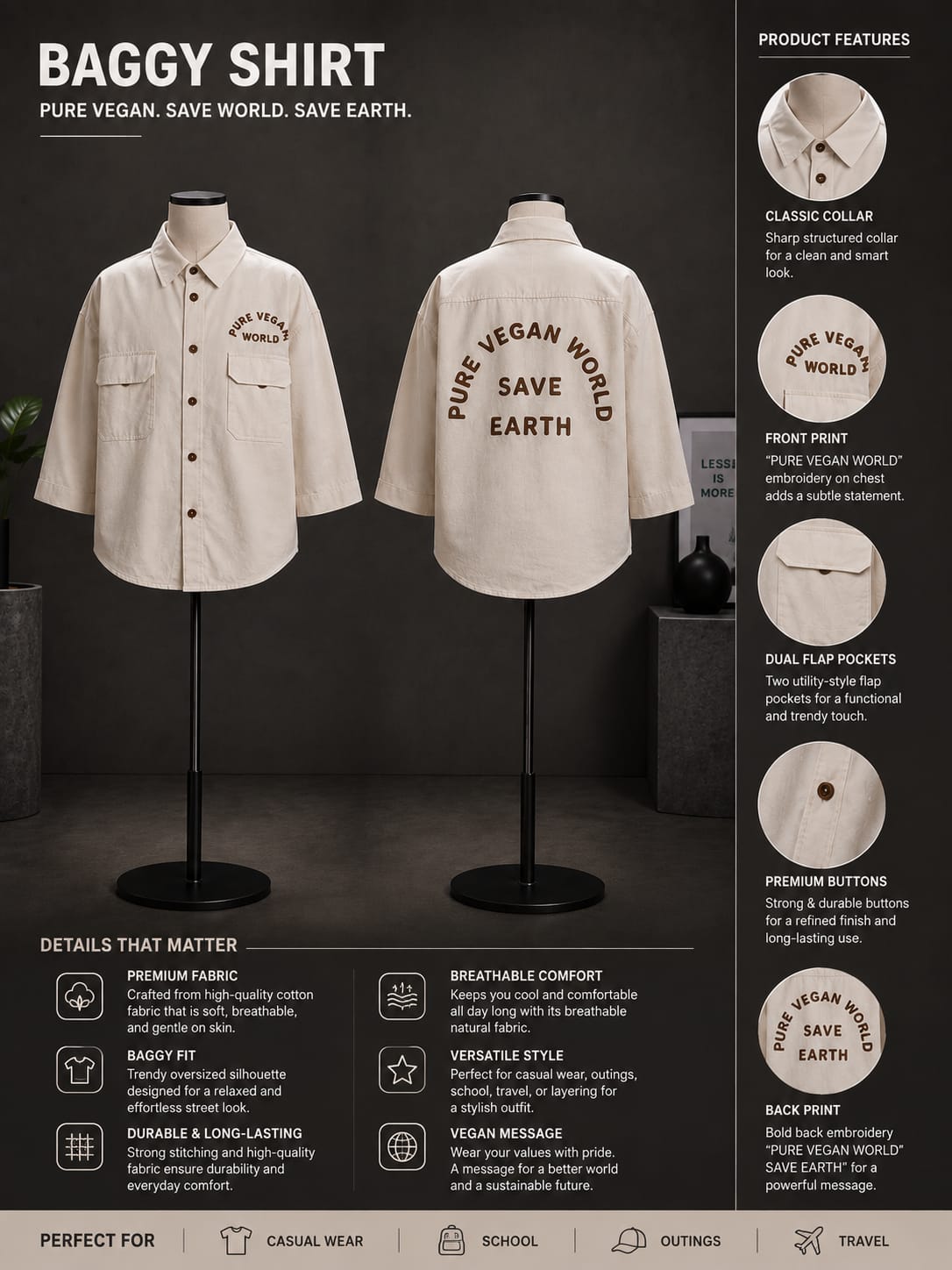 Kids Premium Cream Oversized Shirt | Pure Vegan World Graphic Shirt | 6–12 Years