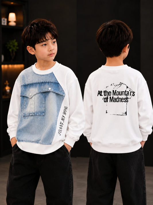 Boys Premium Denim Panel Printed Sweatshirt – Light Blue & White