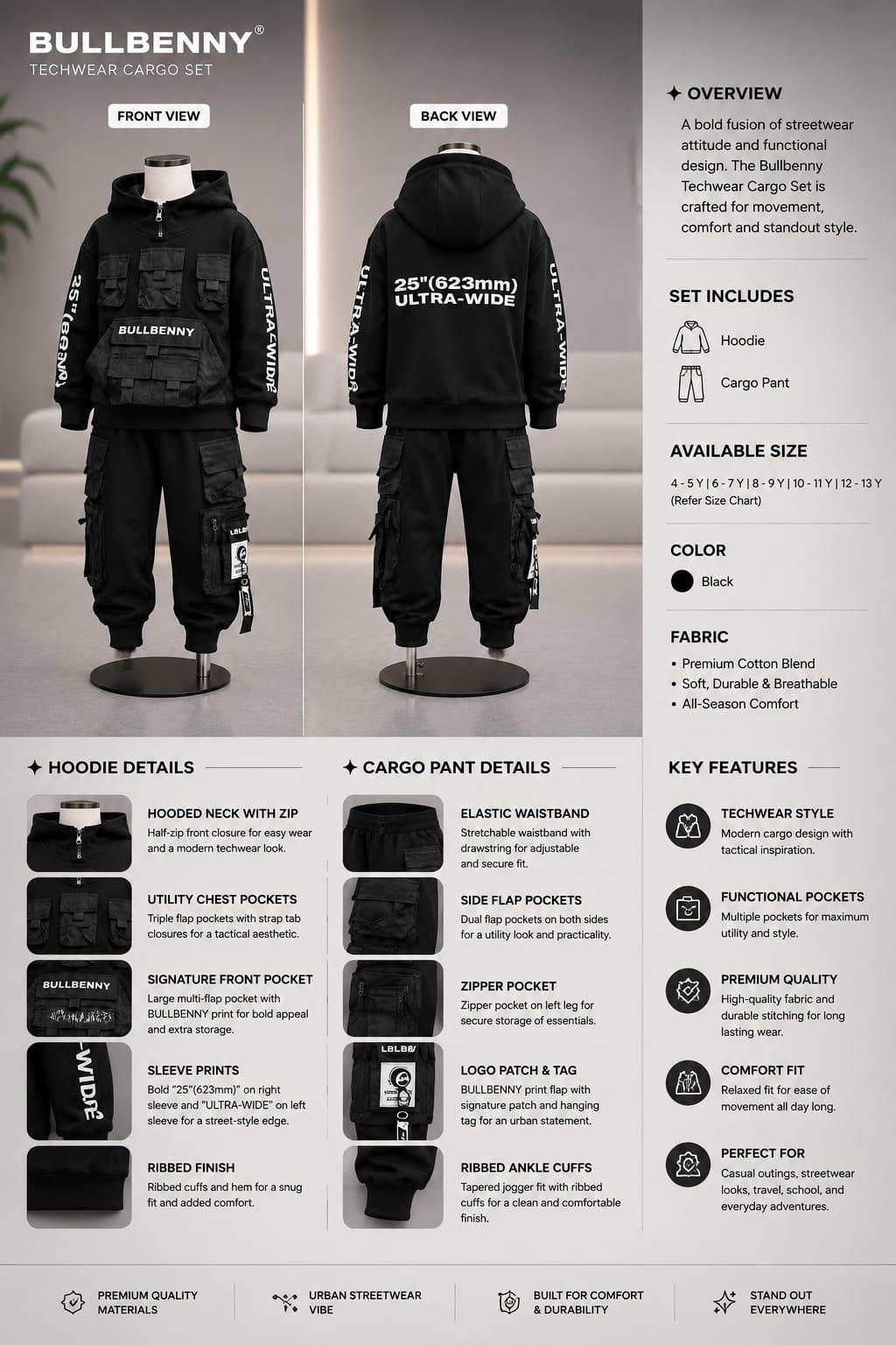 Kids Black Utility Cordset | Hooded Sweatshirt & Cargo Pants Set | 6–12 Years