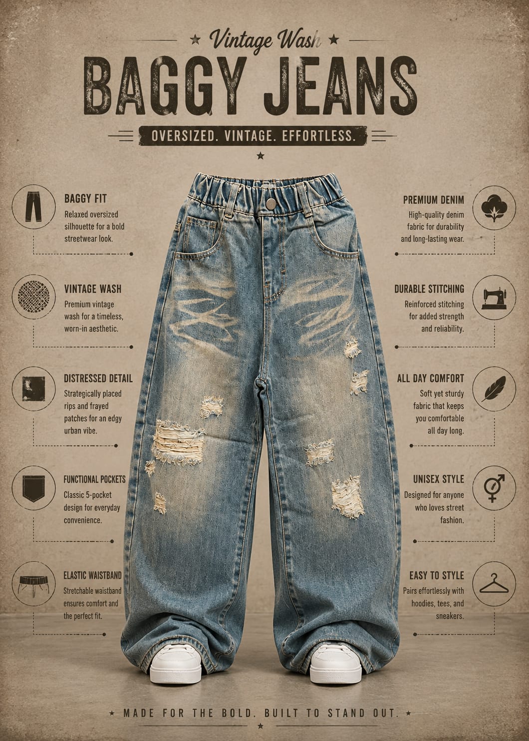 Kids Washed Blue Baggy Fit Distressed Jeans | Wide-Leg Denim | 6–12 Years