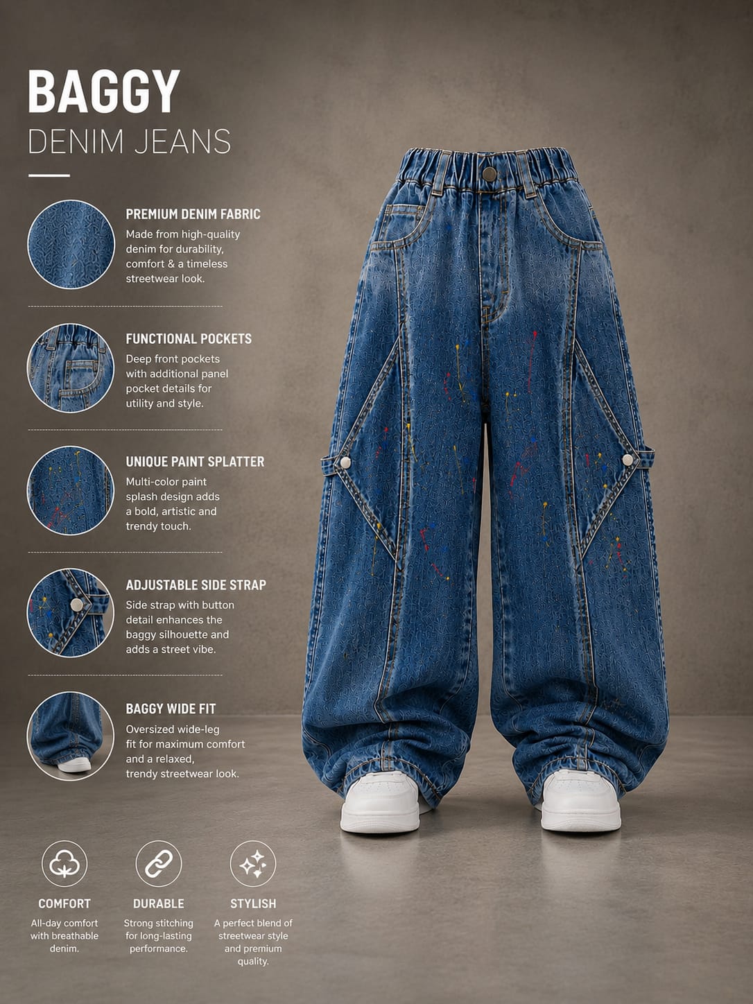 Kids Oversized Blue Denim Jeans with Side Strap Detailing – 6–12 Years