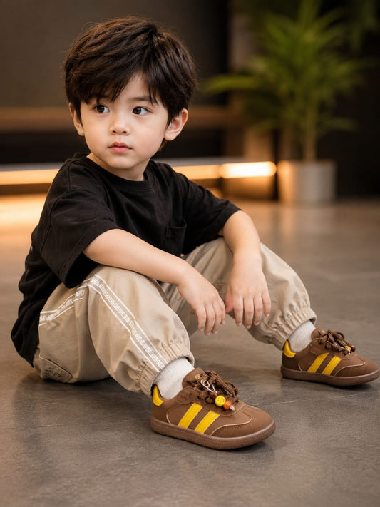 Kids Brown & Yellow Trendy Casual Sneakers – Stylish Lace-Up Shoes | EU 26-30