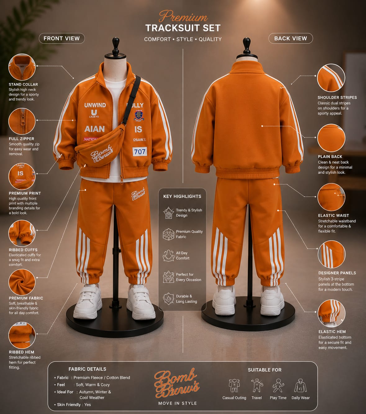 Boys’ 3-Piece Orange Tracksuit Set | Jacket, T-Shirt & Jogger | Sizes 18–26
