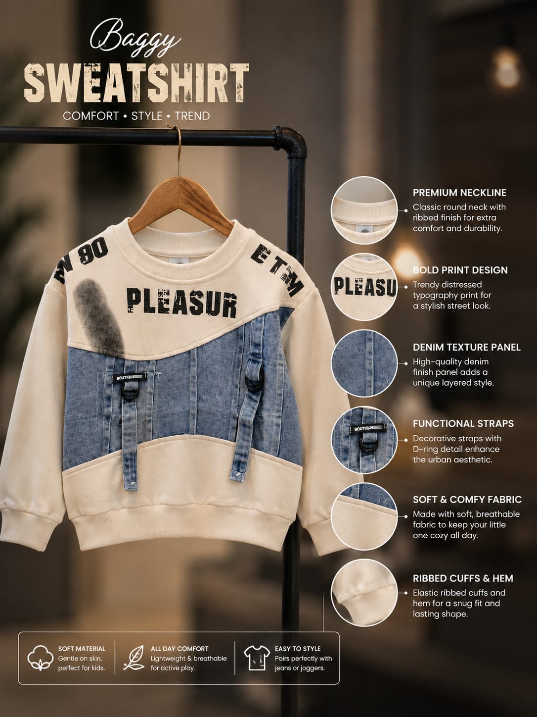 Kids Stylish Denim Patch Sweatshirt – Cream & Blue | Size 18–26