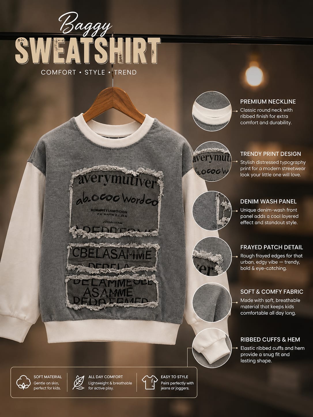 Kids Stylish Grey Graphic Sweatshirt – Grey & White | 6–12 Years
