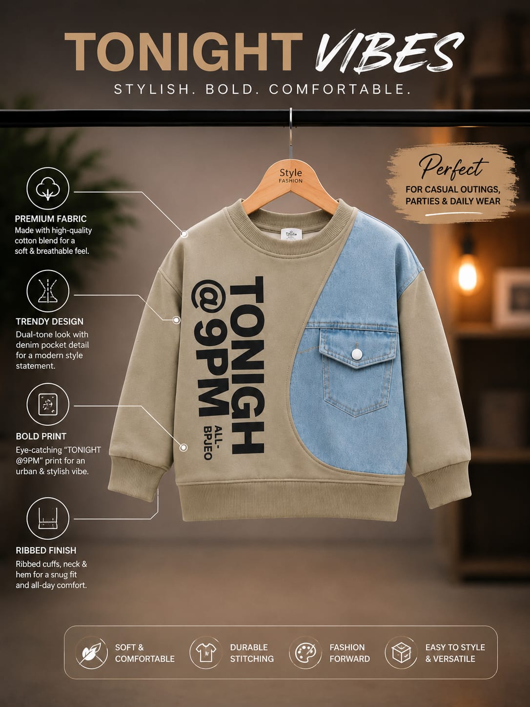 Boys Light Khaki & Denim Stylish Printed Sweatshirt | 6–12 Years