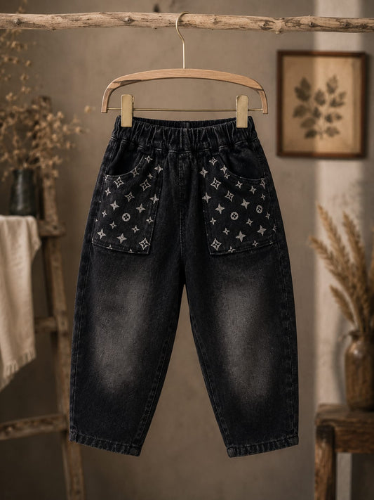 Kids Black Printed Baggy Jeans with Statement Utility Pockets | 6 Months–3 Years