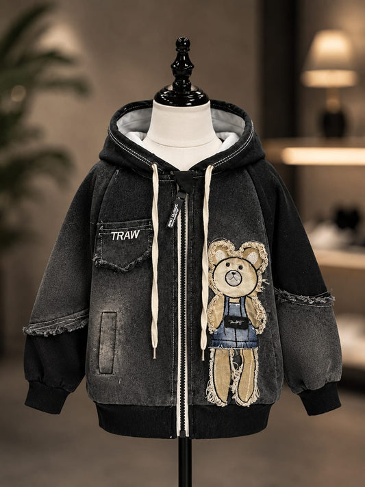 Kids Black Teddy Bear Printed Hooded Jacket | 1–5 Years