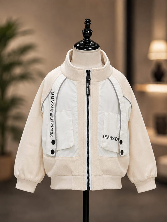 Kids Cream & White Stylish Zip-Up Jacket | 1–5 Years