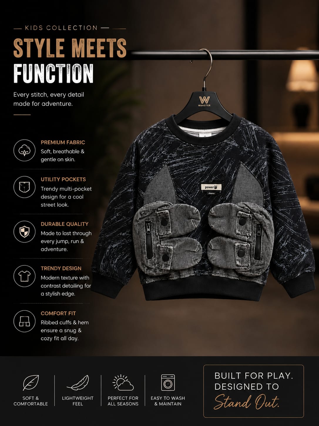 Kids Black Printed Cargo Pocket Sweatshirt | 1–5 Years