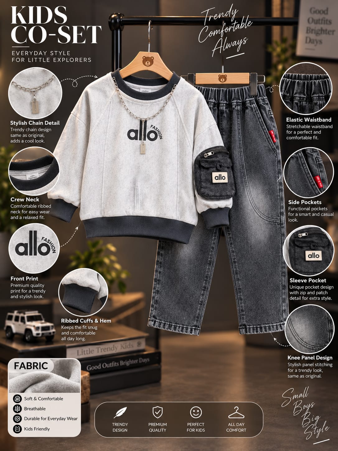 Kids Grey Washed Denim Cargo Joggers with Printed Sweatshirt | 18–26