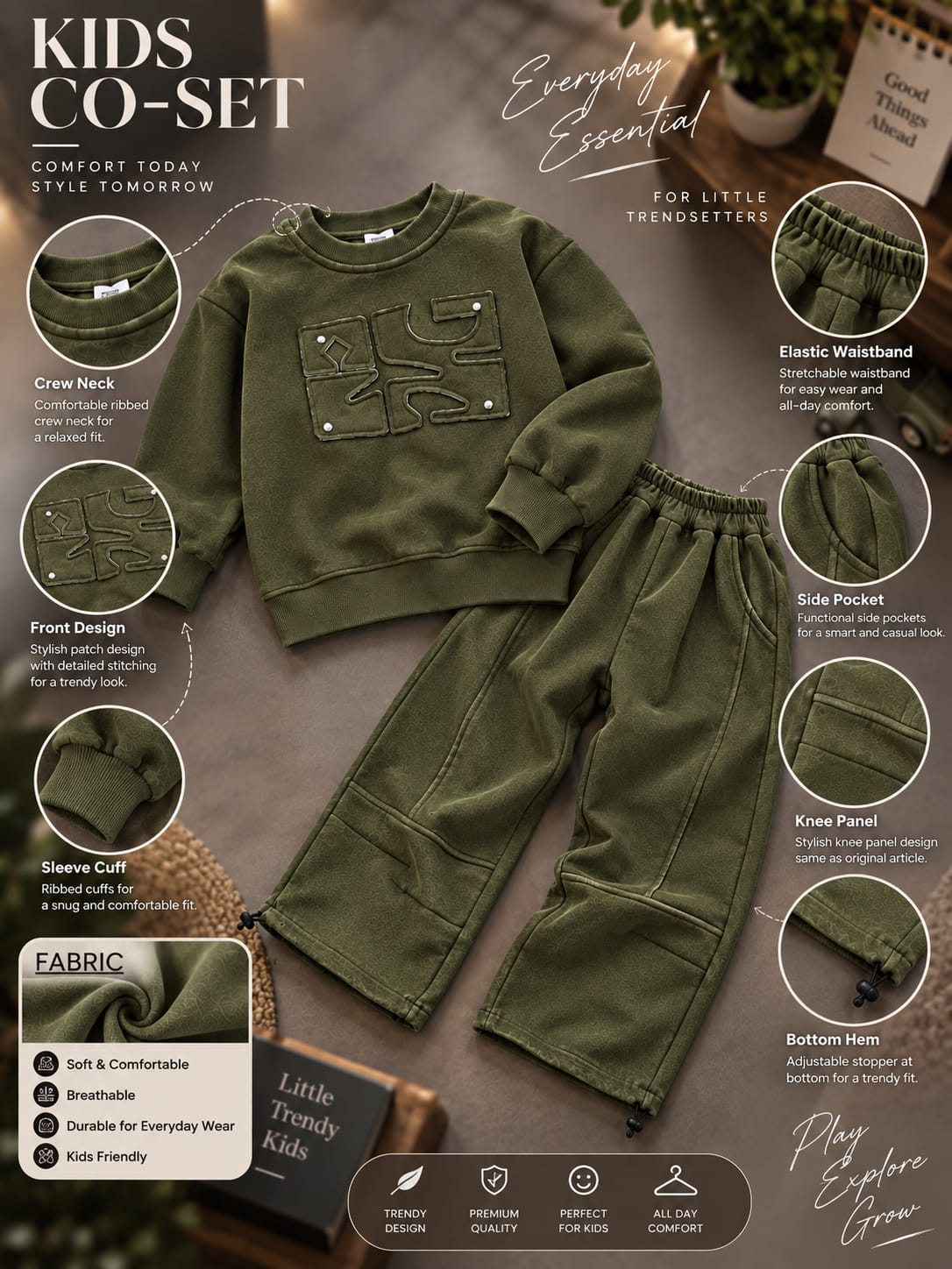 Kids Olive Green Printed Sweatshirt & Wide-Leg Pants Set – Stylish Co-Ord Set | Sizes 5–10 Years