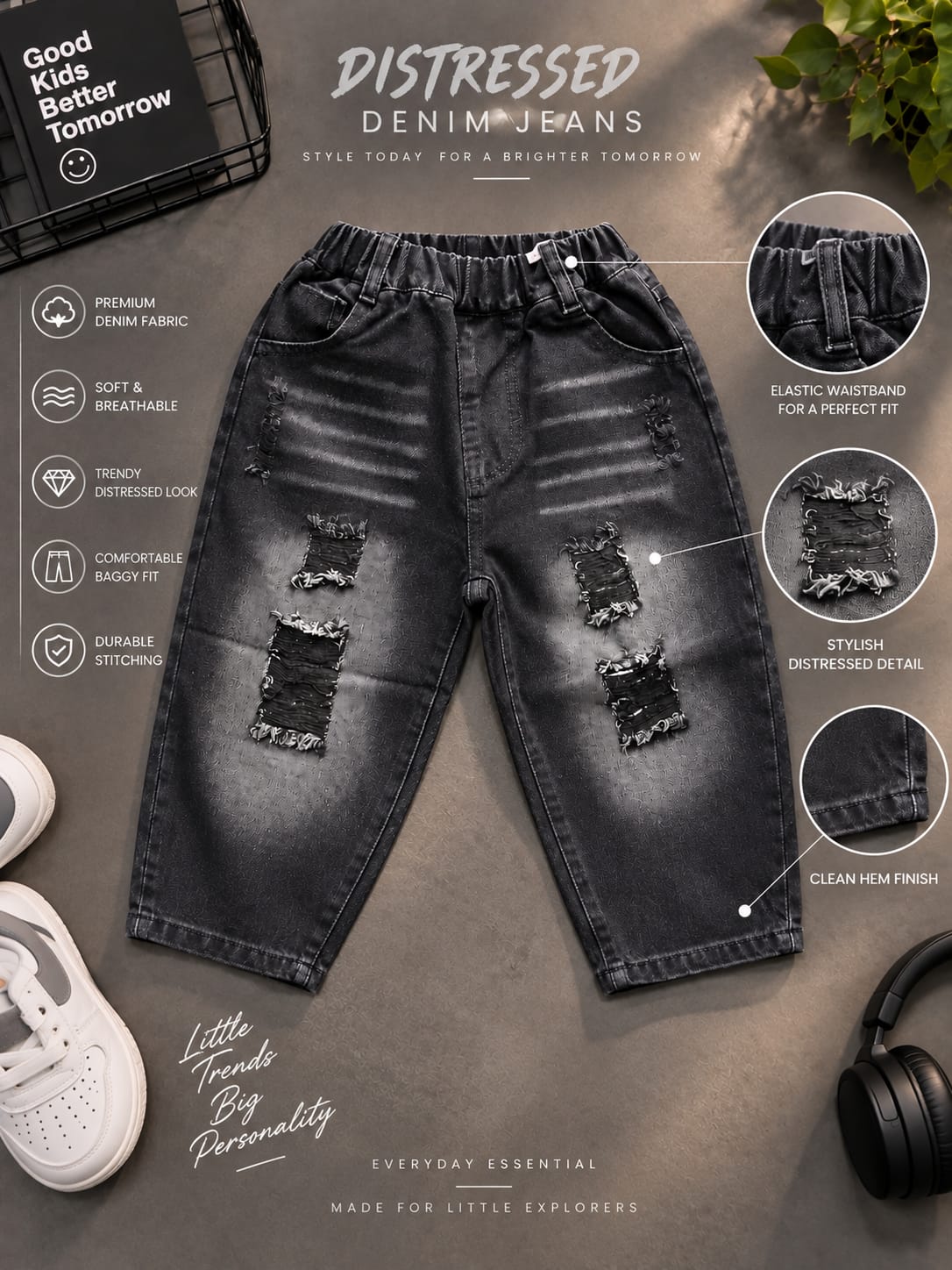 Kids Black Denim Jeans – Distressed Ripped Design | Sizes 30 Months–6 Years