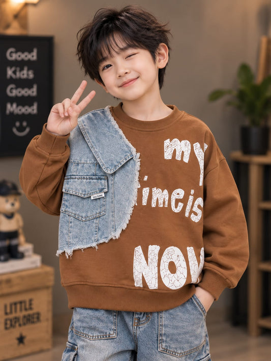 Kids Boys Brown Graphic Sweatshirt with Denim Vest Design | Casual Winter Sweatshirt | 6–12 Years