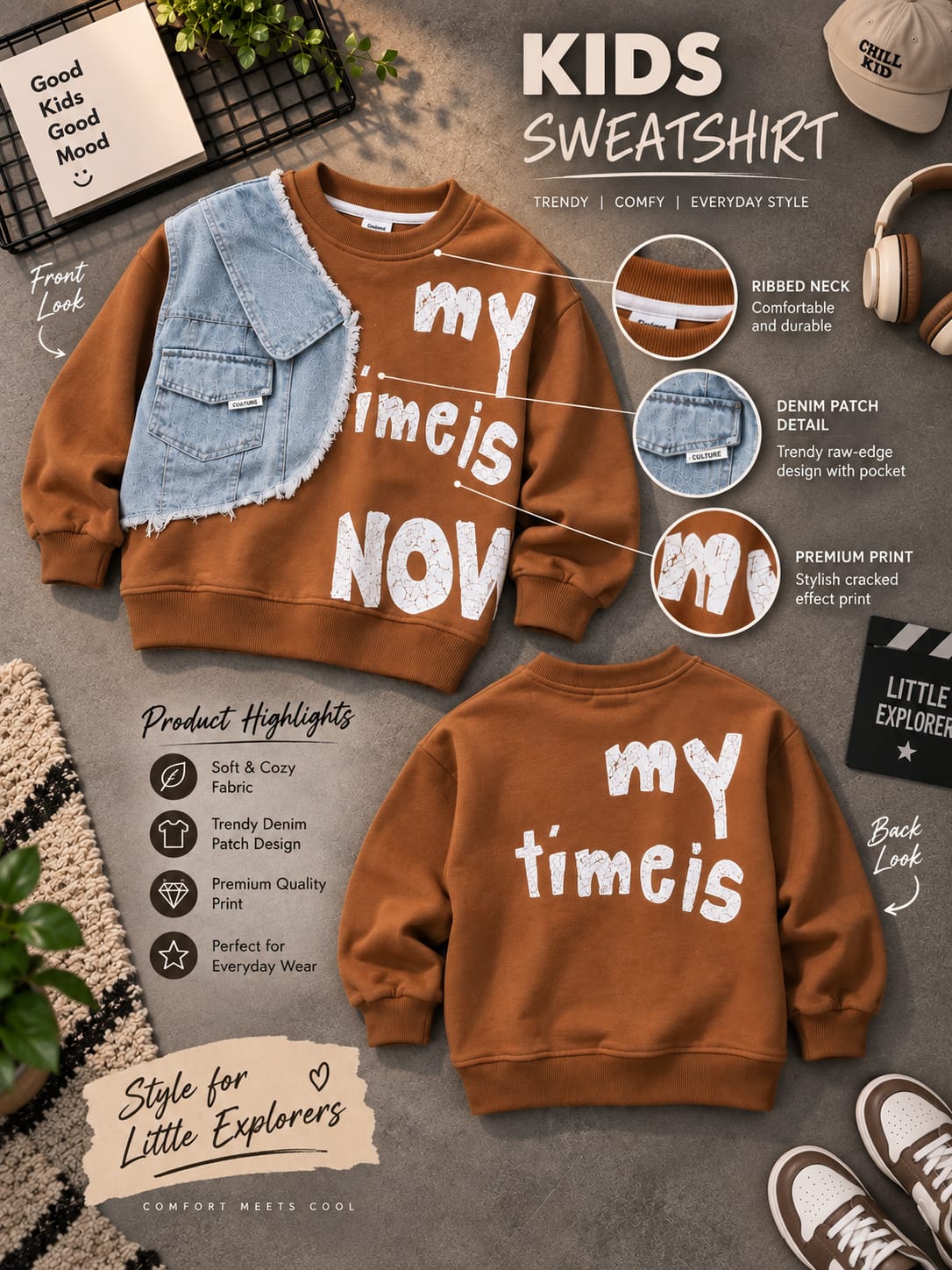 Kids Boys Brown Graphic Sweatshirt with Denim Vest Design | Casual Winter Sweatshirt | 6–12 Years