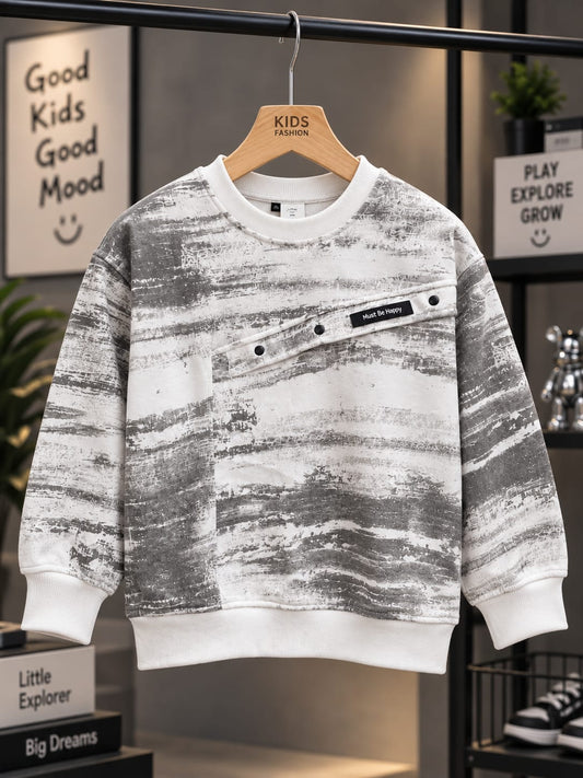 Kids Boys White & Grey Printed Sweatshirt with Front Button Detail | Trendy Casual Sweatshirt | 6–12 Years