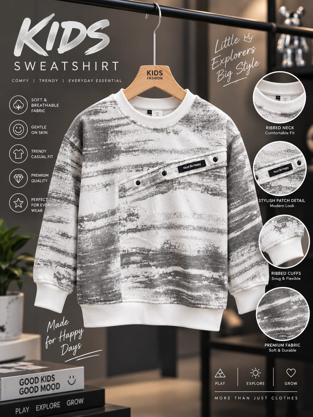 Kids Boys White & Grey Printed Sweatshirt with Front Button Detail | Trendy Casual Sweatshirt | 6–12 Years