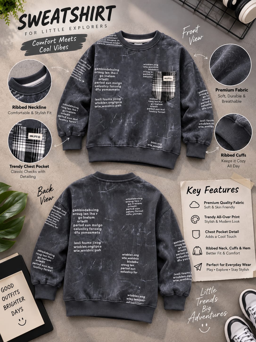 Boys Printed Sweatshirt with Checkered Pocket β 6 to 12 Years