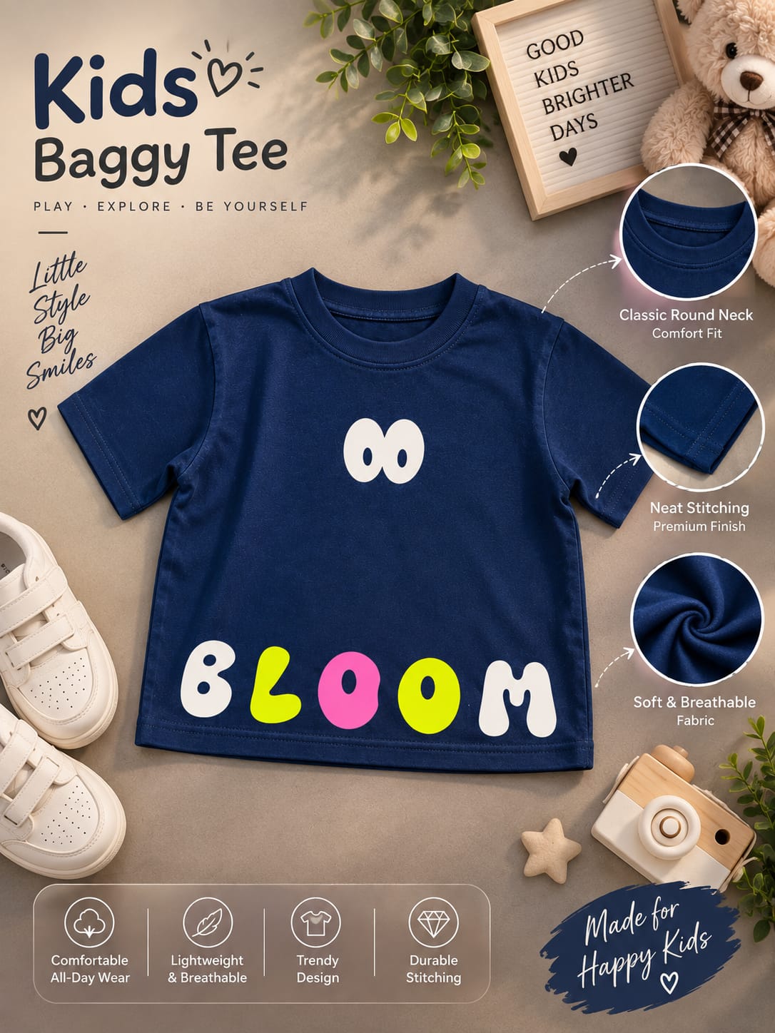 Girls Navy Blue BLOOM Graphic Print T-Shirt | Half Sleeve | Sizes 16β20