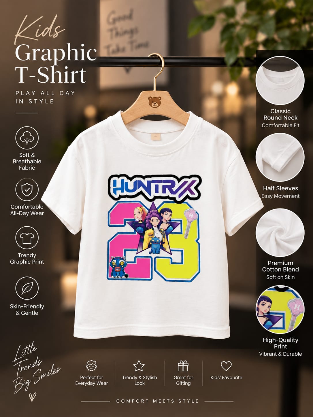Girls Kids White Printed T-Shirt | HUNTRIX 29 Graphic Print | Half Sleeve | Sizes 16β20
