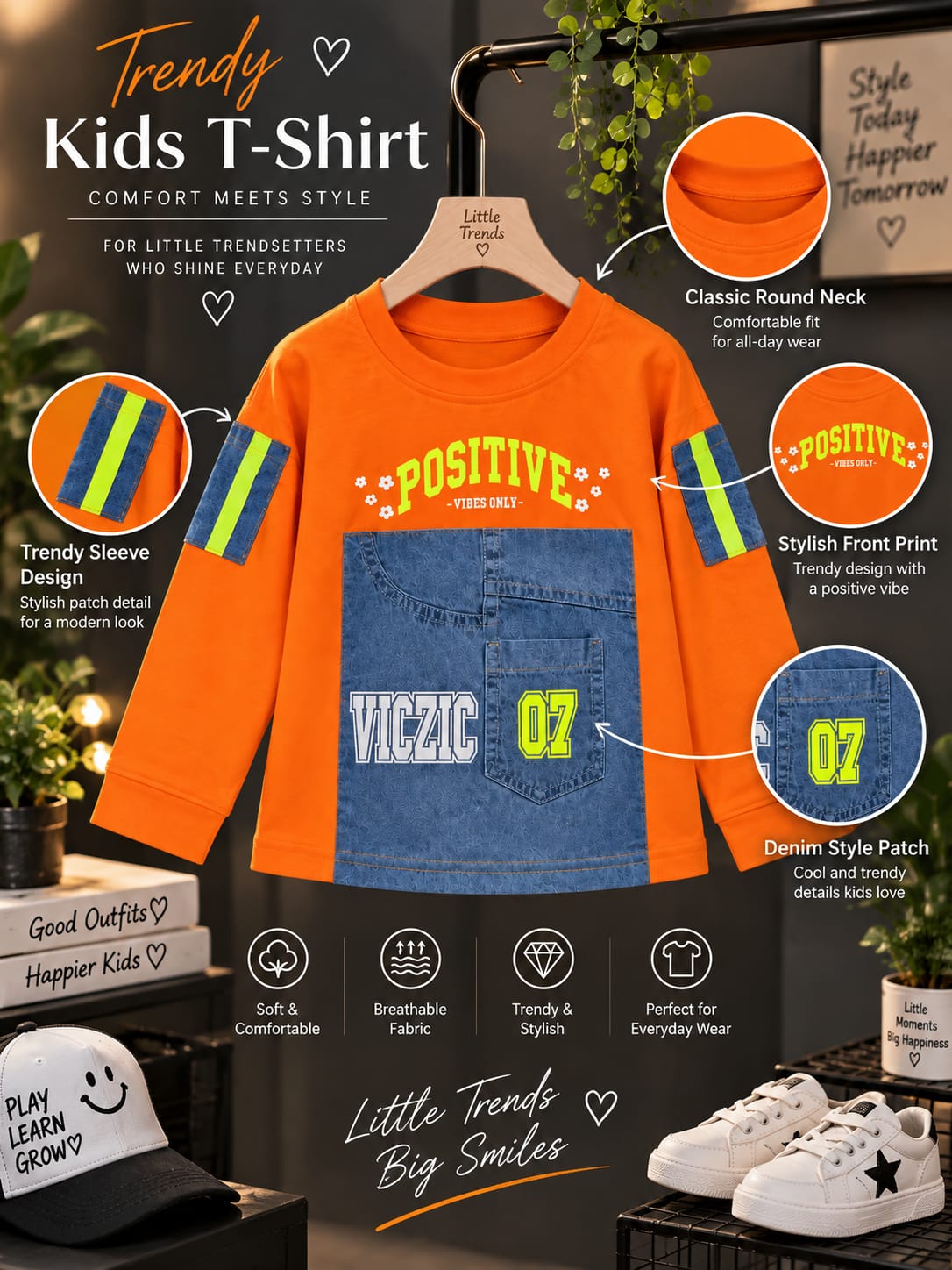Girls Kids Orange Full Sleeve T-Shirt | Positive Vibes Denim Pocket Design | Sizes 24β36