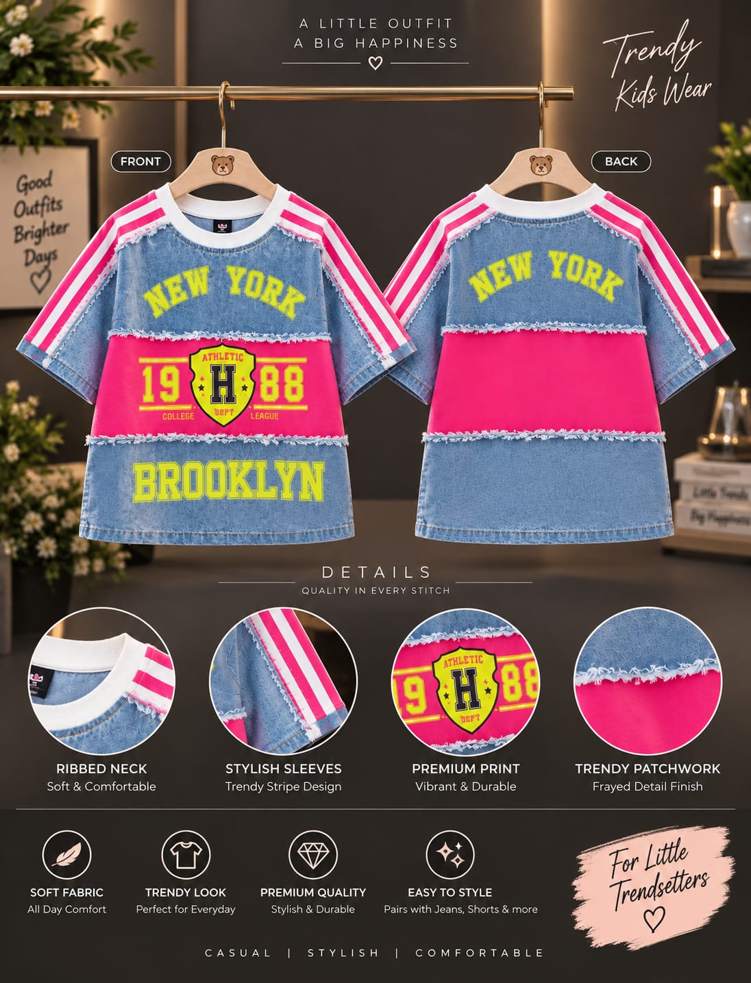 Girls Trendy Denim Style Half Sleeve Top – New York Brooklyn Print | Sizes 24–36