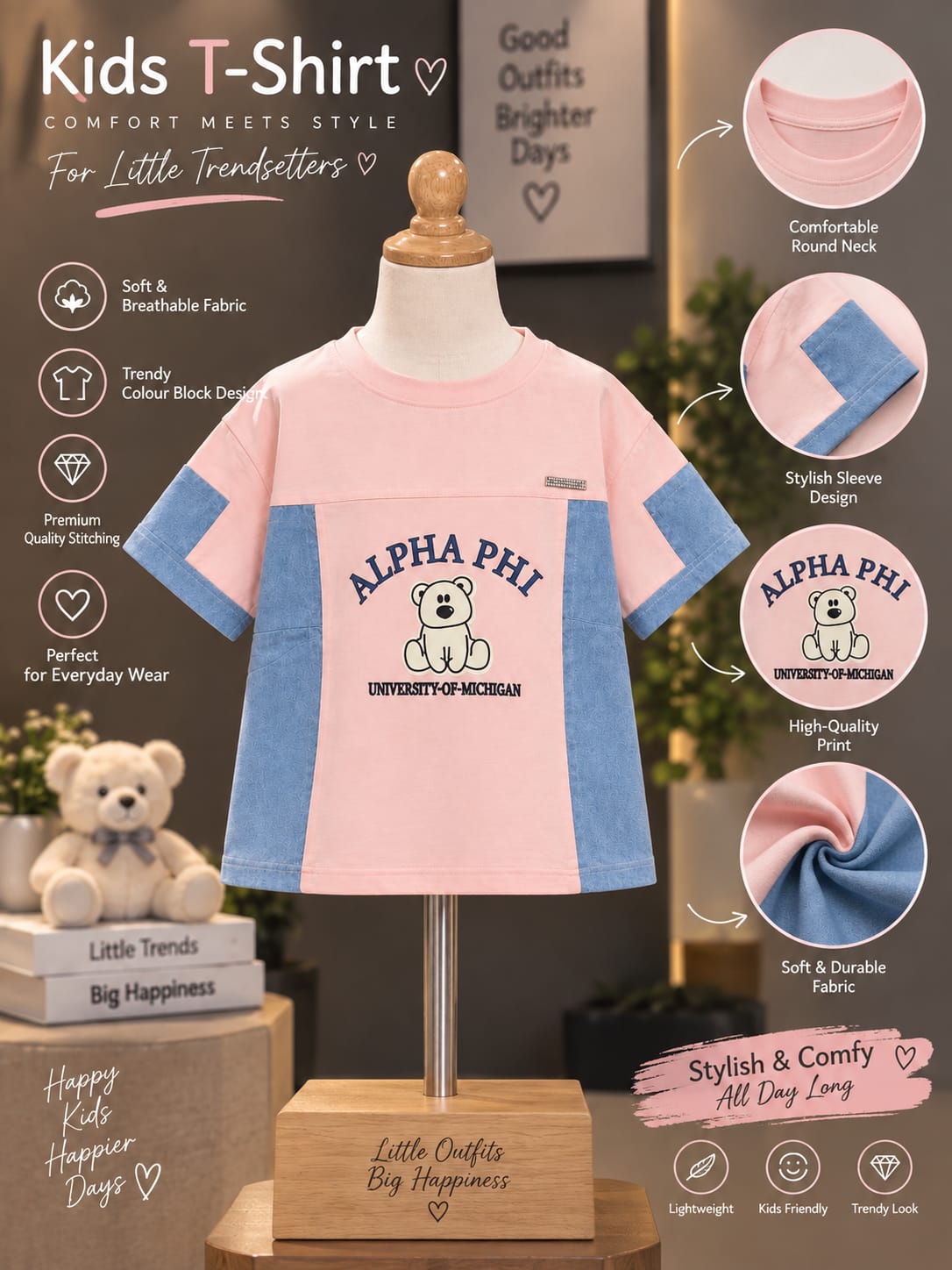 Girls Stylish Pink & Denim Blue Printed T-Shirt – Teddy Bear Graphic | Sizes 24–36