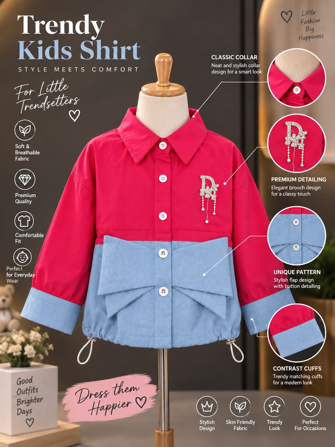 Girls Stylish Full Sleeve Shirt – Pink & Sky Blue Bow Design | Sizes 24–36