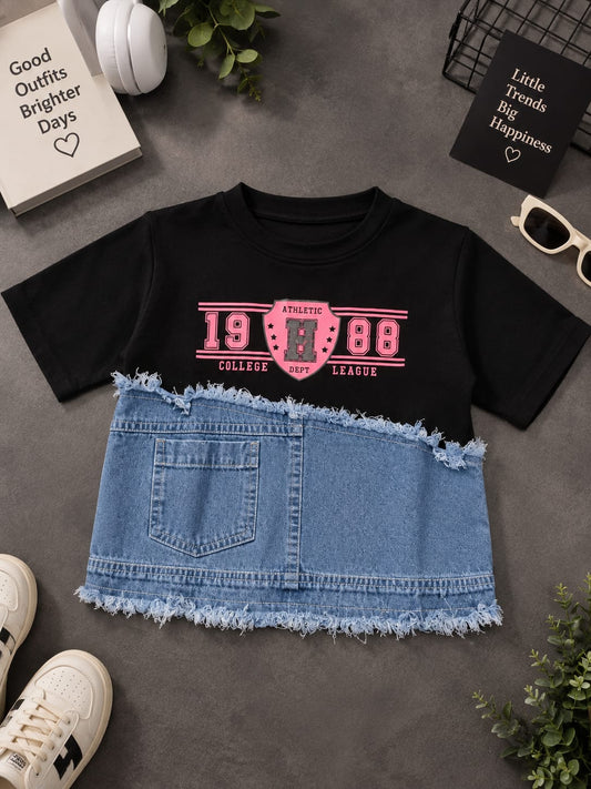 Girls Black T-Shirt with Denim Pocket Panel & Graphic Print | Sizes 24–36