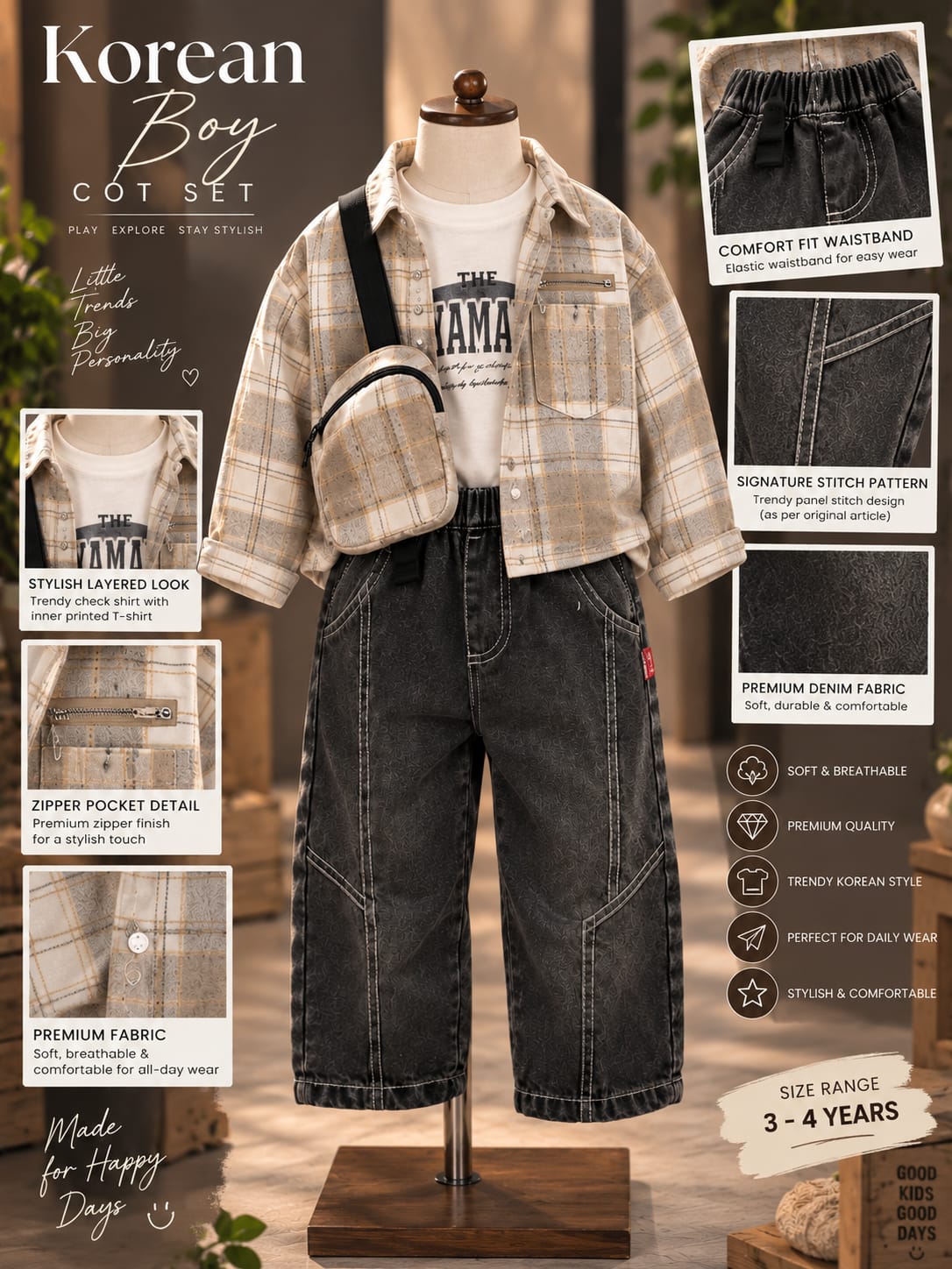 Boys Premium Korean Style Checkered Jacket & Baggy Jeans Set | Trendy Co-Ord Outfit | Sizes 18–26