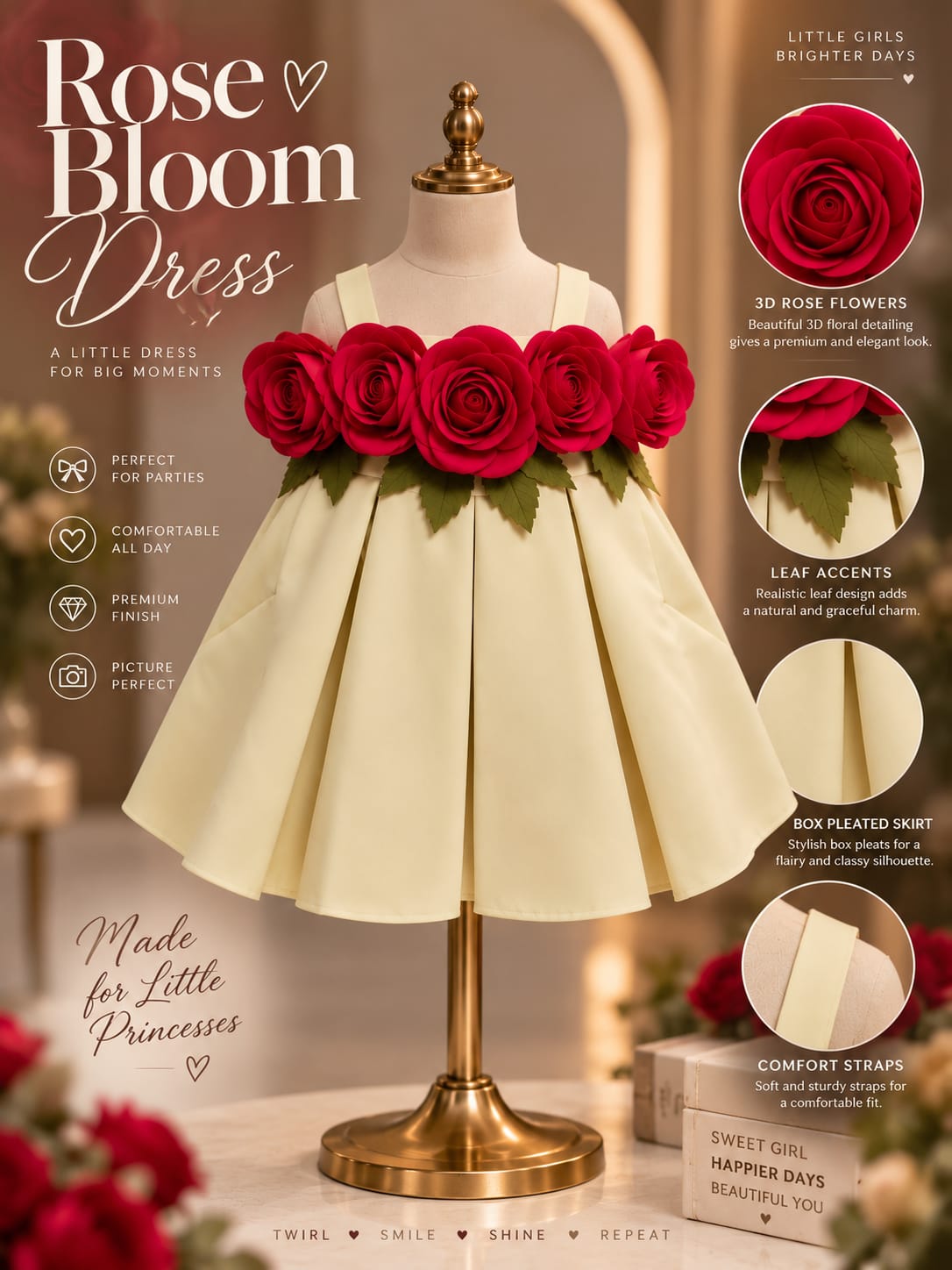 Girls Premium Floral Party Wear Frock | 3D Rose Flower Dress | Sizes 16–22