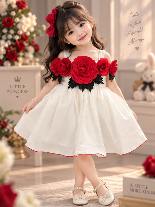 Girls Premium White & Red Floral Party Wear Frock | 3D Rose Flower Dress | Sizes 16–22