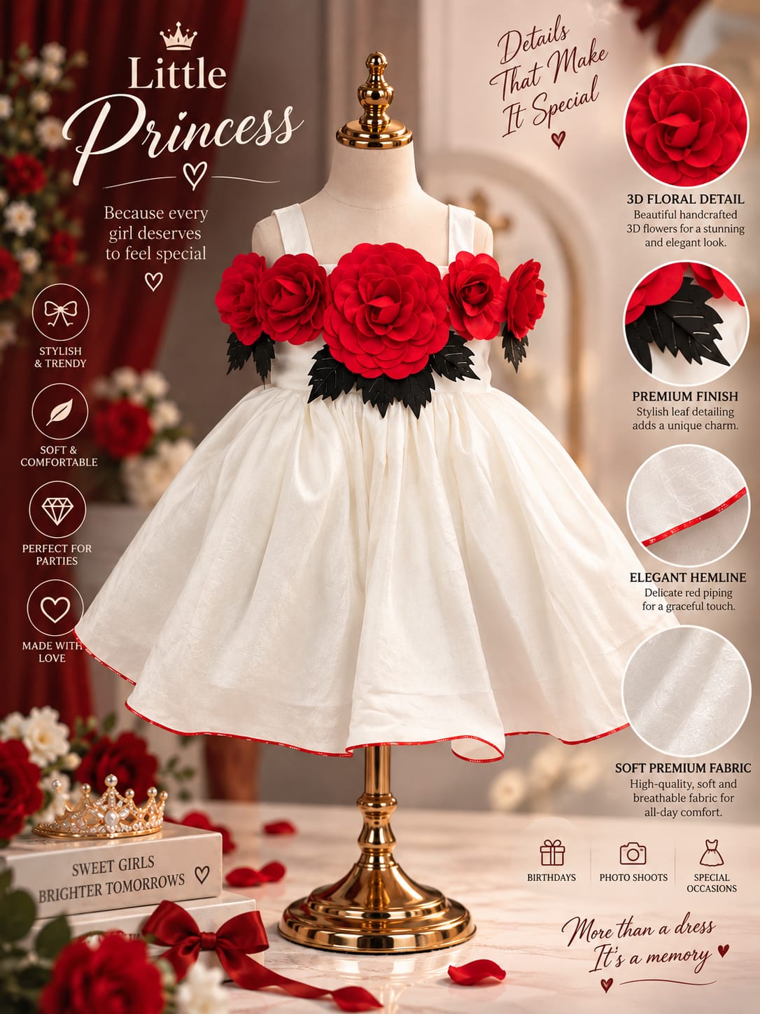 Girls Premium White & Red Floral Party Wear Frock | 3D Rose Flower Dress | Sizes 16–22