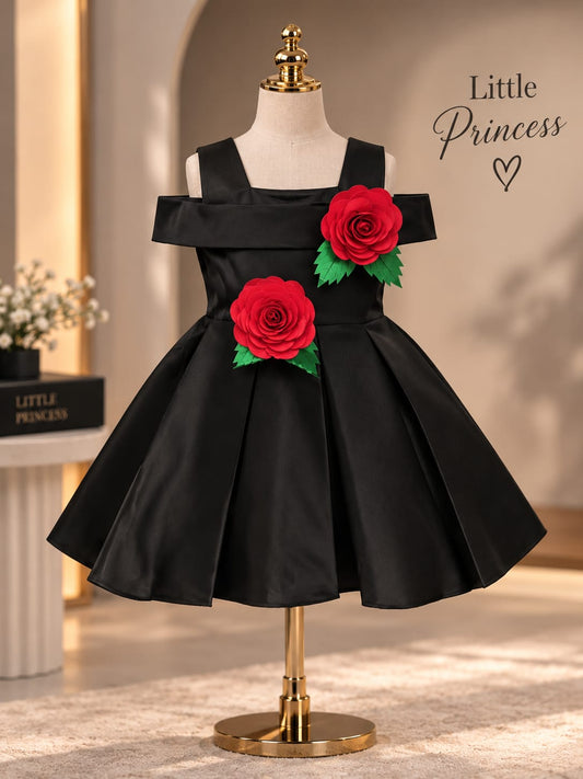 Girls Premium Black Party Wear Frock | Red Rose Floral Appliqué Dress | Sizes 16–22
