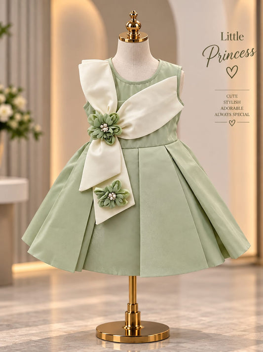 Girls Premium Green Party Wear Frock | Floral Bow Appliqué Princess Dress | Sizes 16–22