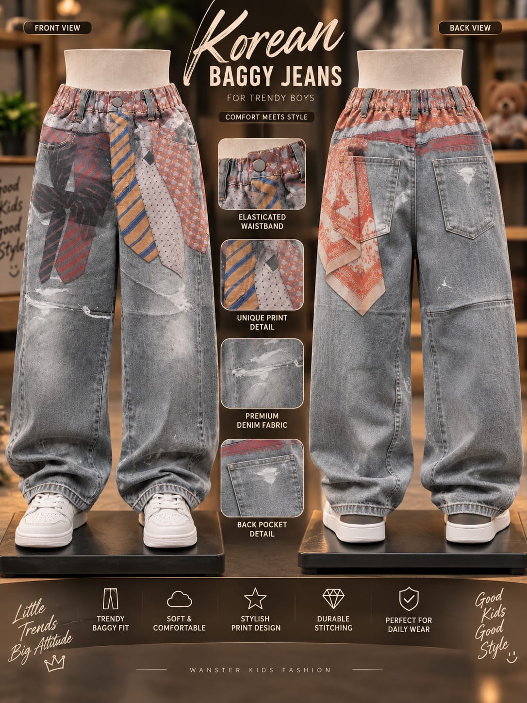 Boys Premium Grey Baggy Denim Jeans | Tie Print & Distressed Wash Design | Sizes 6–12 Years