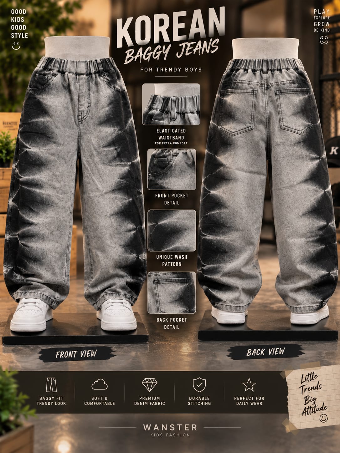 Boys Premium Black & Grey Baggy Denim Jeans | Stylish Washed Design | Sizes 6–12 Years