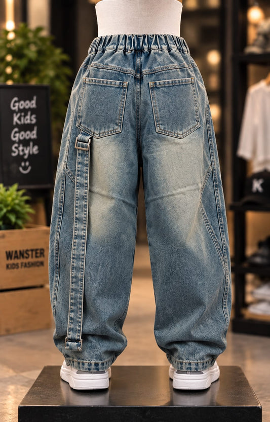 Boys Vintage Blue Baggy Denim Jeans | Korean Style Wide Leg Fit | Sizes 6–12 Years