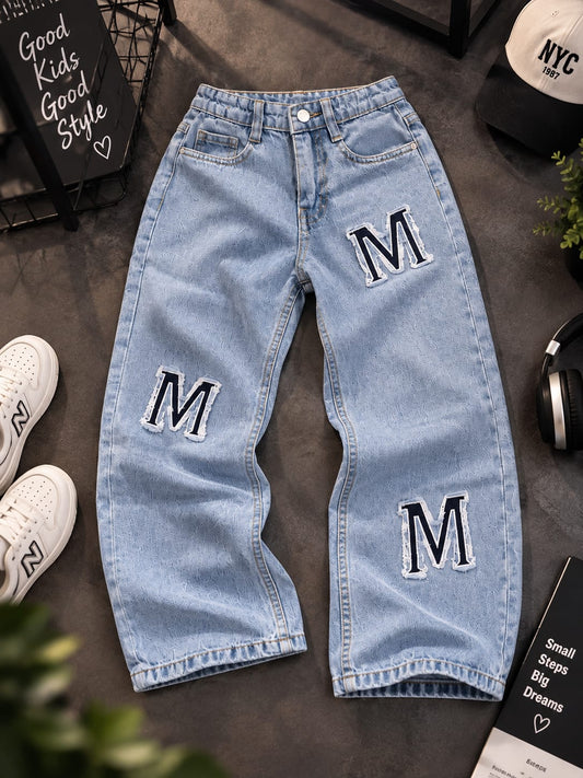 Girls Stylish Light Blue Baggy Fit Denim Jeans with Letter M Patches | Trendy Casual Kids Jeans | Sizes 24–36