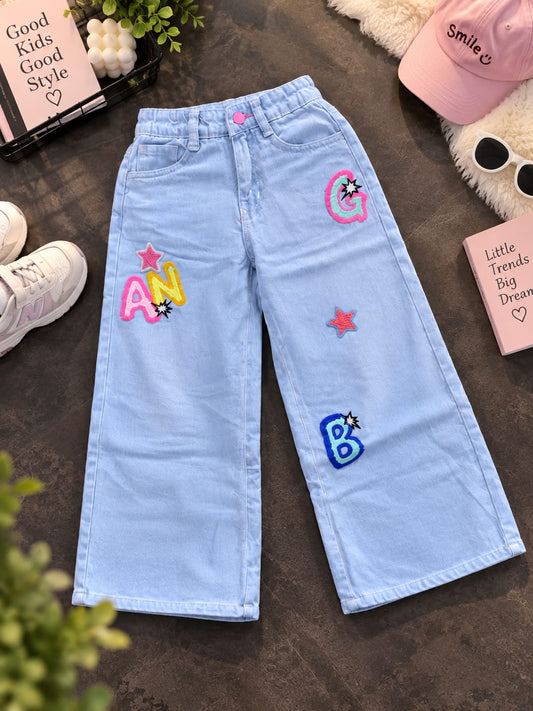 Girls Light Blue Wide Leg Denim Jeans | Colorful Letter & Star Patch Design | Sizes 18–24