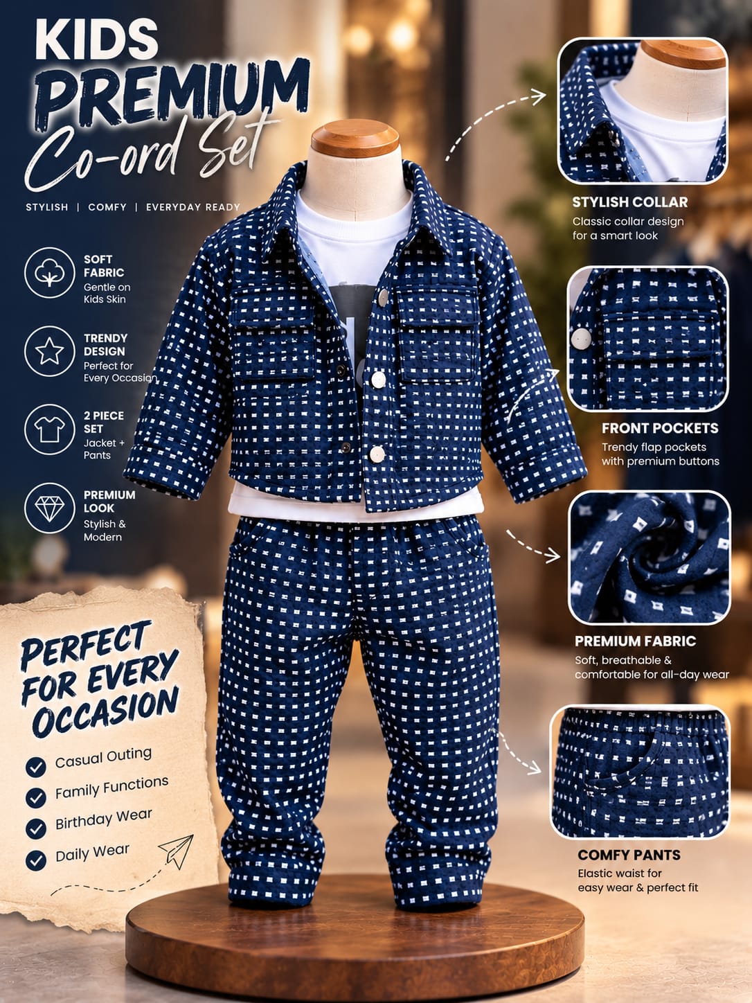 Boys Premium Checkered 3-Piece Co-Ord Set | Stylish Casual Kidswear | Sizes 6 Months–4 Years