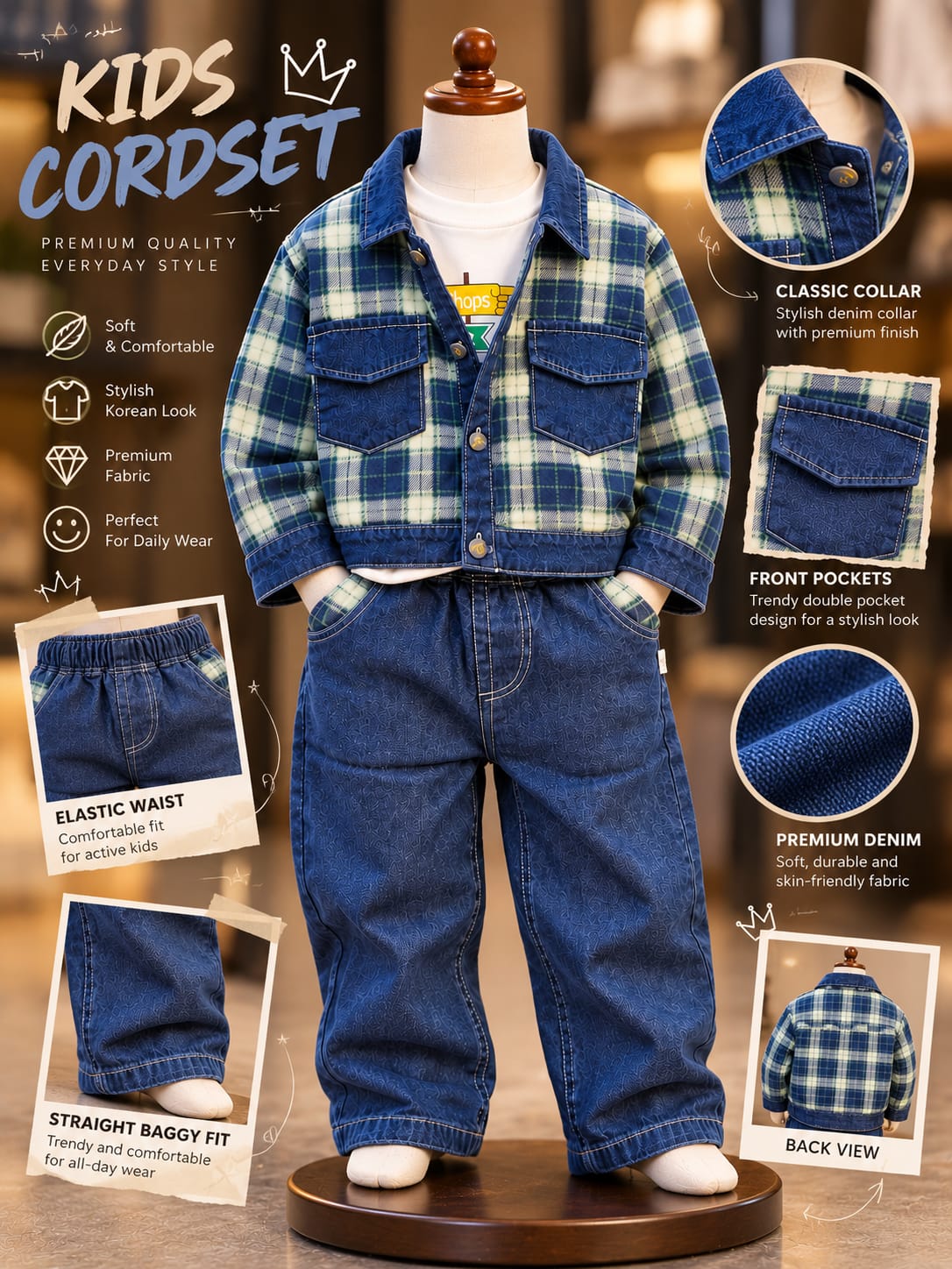 Boys Stylish Denim 3-Piece Co-Ord Set | Checkered Jacket, T-Shirt & Baggy Pants | Trendy Kidswear | Sizes 18–26